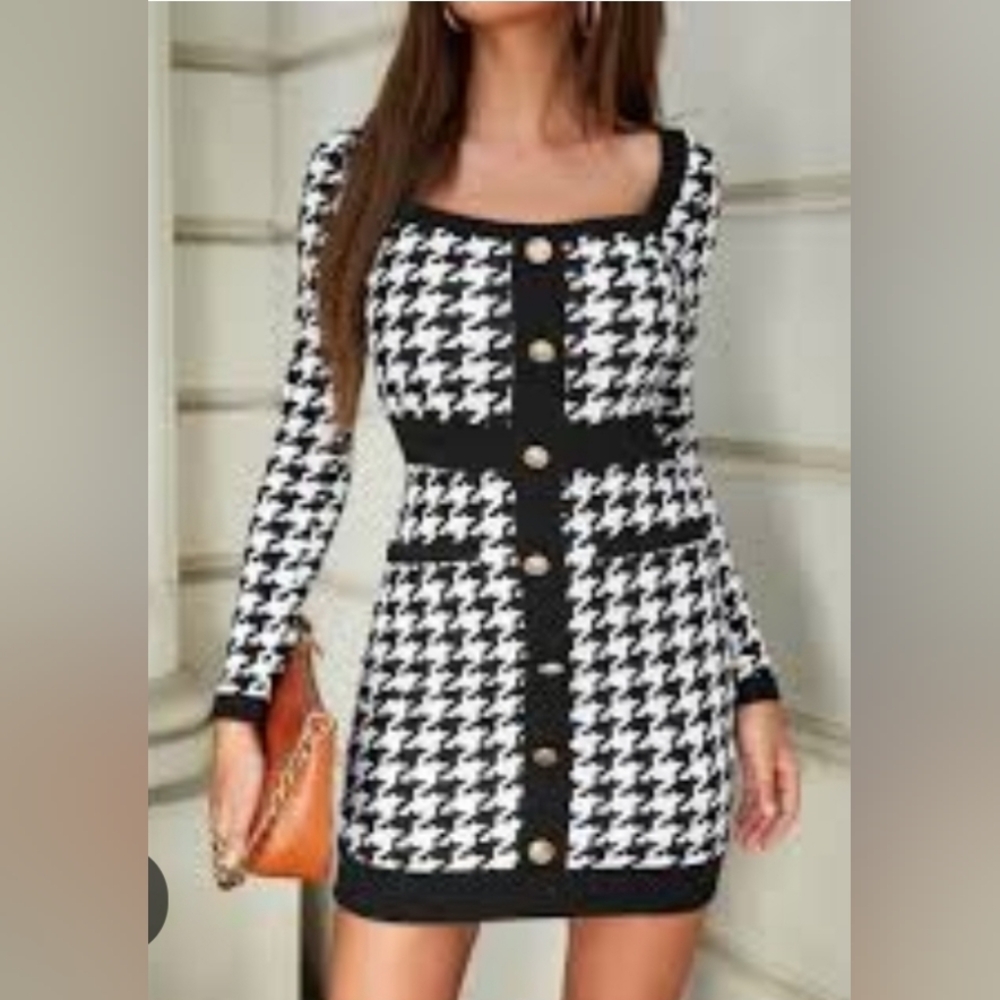 Chic Houndstooth Button-Down Dress Larfe - image 1